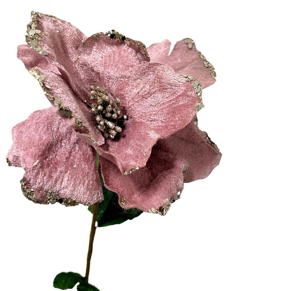 Pink Velour Rose with Leaves 60cm | We'll Make Your Christmas Complete