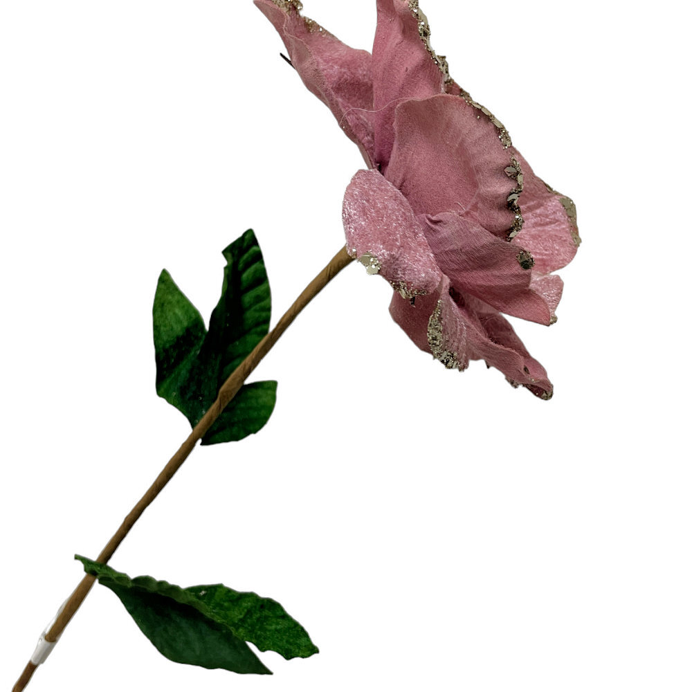 Pink Velour Rose with Leaves 60cm | We'll Make Your Christmas Complete