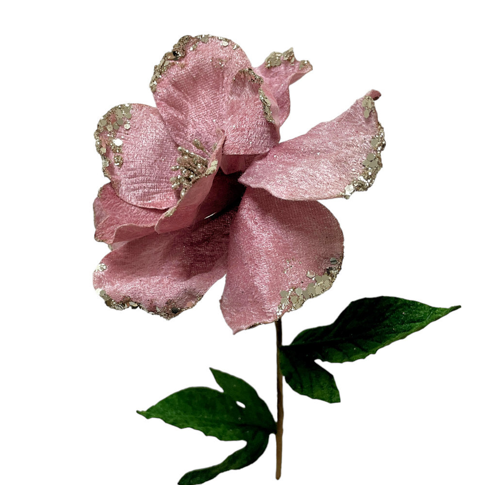 Pink Velour Rose with Leaves 60cm | We'll Make Your Christmas Complete