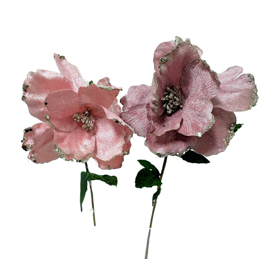 Pink Velour Rose with Leaves 60cm | We'll Make Your Christmas Complete