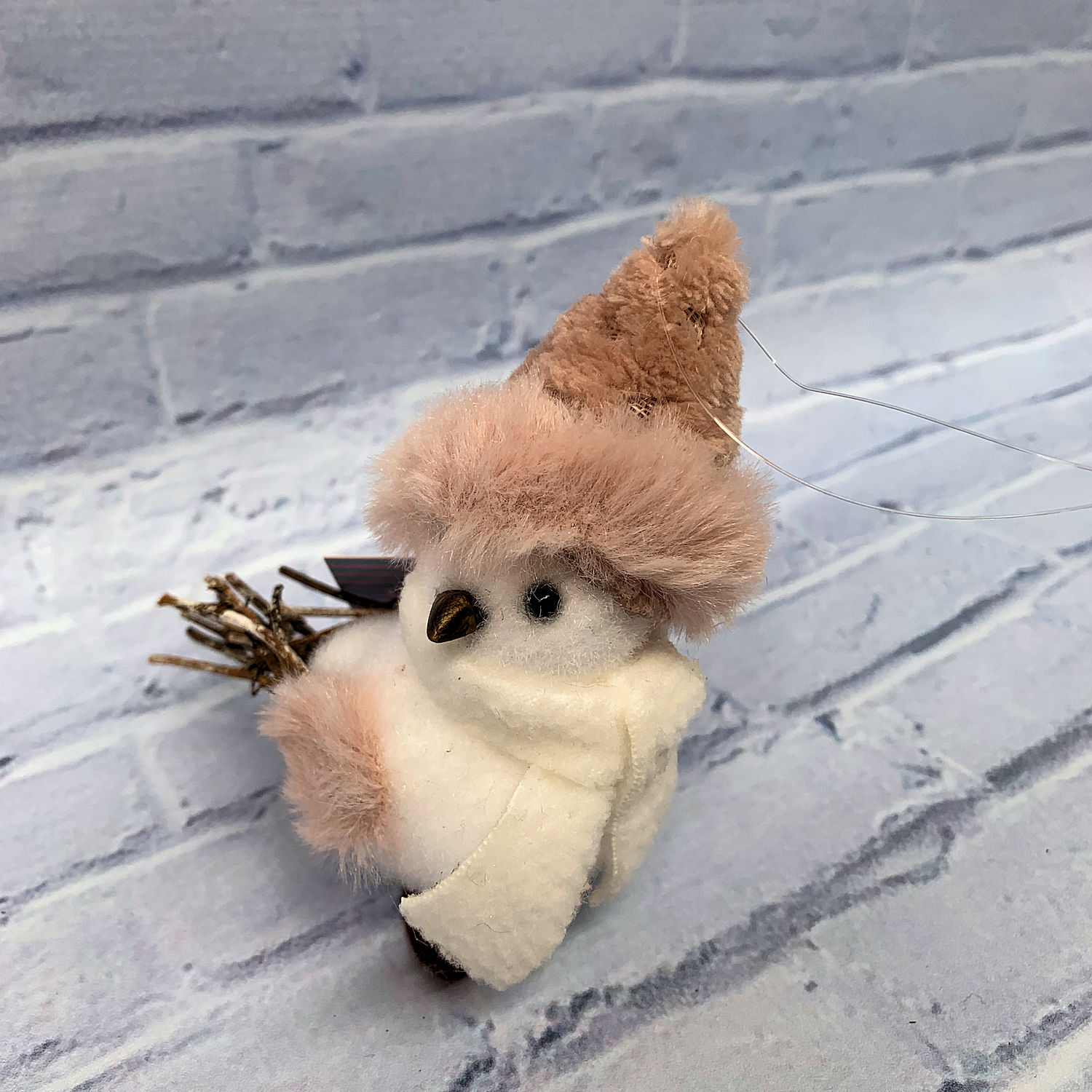 Small Pink White Bird W Beanie Hanging Christmas Decoration
