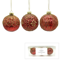 Red & Gold Lace Glass Bauble Set 8cm