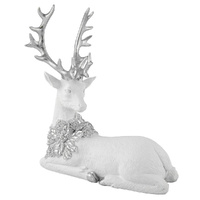 Resin Reindeer Sitting White & Silver 28cm