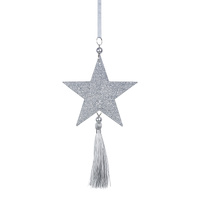 Platinum Glitter Star Ornament w. Tassel 22cm