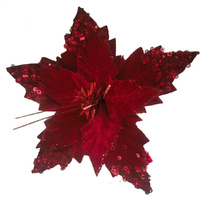 Red Poinsettia w. Sequins Clip 34cm