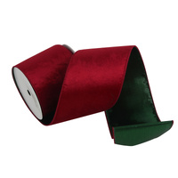 Red Velvet Wired Ribbon w. Green Underlay 10m