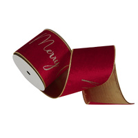 Red Velvet Wired Ribbon 'Merry Christmas' w. Gold Underlay 10m