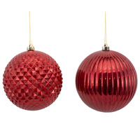 Red Ribbed & Diamond Baubles 2 Asst 20cm