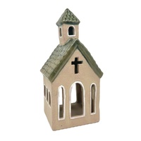 Ceramic Green & Cream Church Tealight 19cm