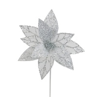 White Poinsettia w. Silver Details 32cm