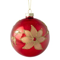 Red Glass Bauble w. Poinsettia 10cm