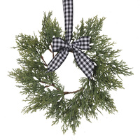 Cypress Pine Wreath W/Black & White Gingham Ribbon 30x30x5cm