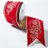 Red Velvet Ribbon W/Merry Christmas Glitter Detail 10cm