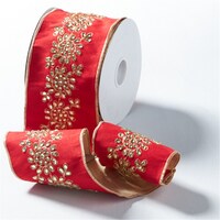 Red Dupion Ribbon Embroided W/Gold Jewel 10cm
