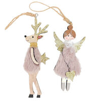 Fluffy Reindeer & Angel Holding Star & Heart Hanging Decoration Pink 13cm 2 Assorted