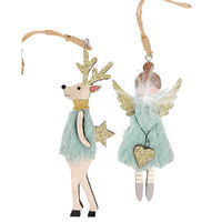 Fluffy Reindeer & Angel Holding Star & Heart Hanging Decoration Sage 13cm 2 Assorted