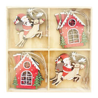 Santa Riding Reindeer with House  Box Set Hanging Decoration Red 13.5cm S/8 