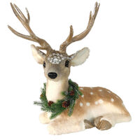 Elegant Laying Reindeer with Wreath Decoration Natural & Green 50cm