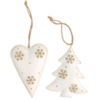 Tree & Heart with Snowflakes Hanging Decoration White & Gold 11cm 2 Assorted