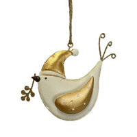Bird with Leaf Hanging White & Gold 12cm