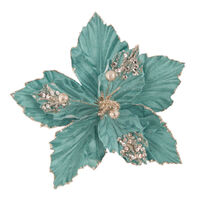 Poinsettia Teal Gold Embossed Leaves 31cm