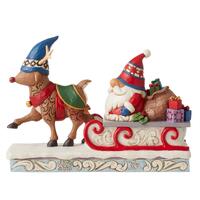 Reindeer Pulling Gnome on Sled 21cm