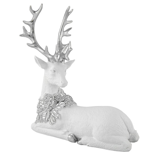 Resin Reindeer Sitting White & Silver 28cm