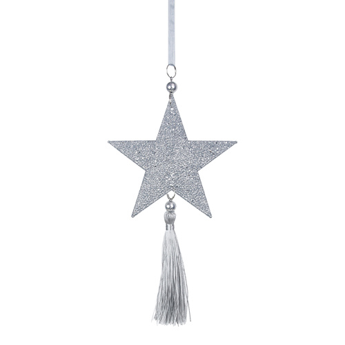 Platinum Glitter Star Ornament w. Tassel 22cm