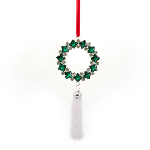 Emerald & Crystal Tree Ornament w. Tassel 17cm