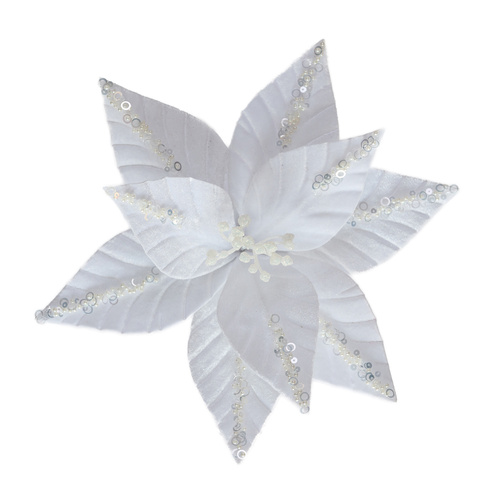 White Sequin Poinsettia Clip 28cm