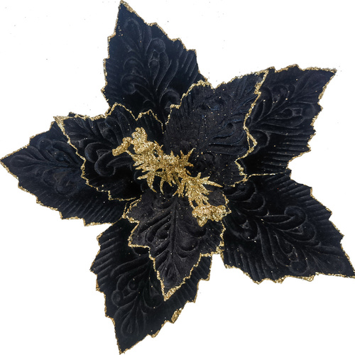 Black Poinsettia w. Gold Glitter Edge Clip 31cm