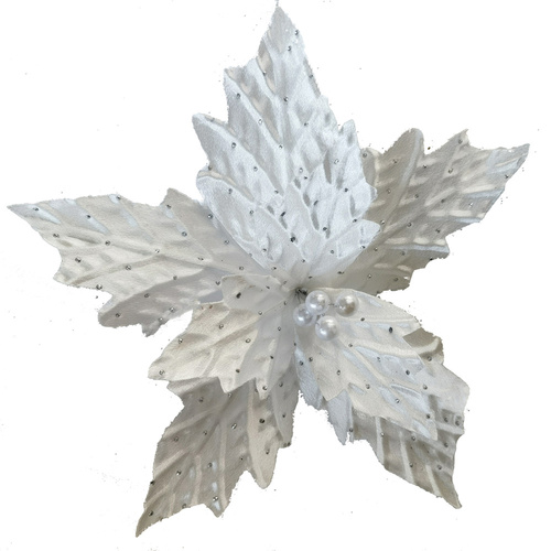 Shiny White Poinsettia Clip w. Pearl Centre 30cm