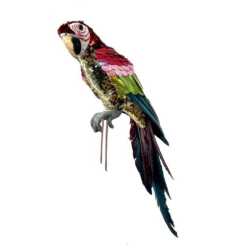 Sequin Parrot Perched Pink & Green 47cm