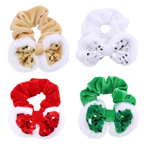 Snow Sequin Bow Scrunchie 4 Asst 12cm