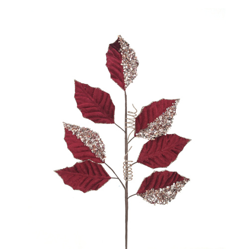 Burgundy Leaf Stem w. Rose Gold Glitter 67cm