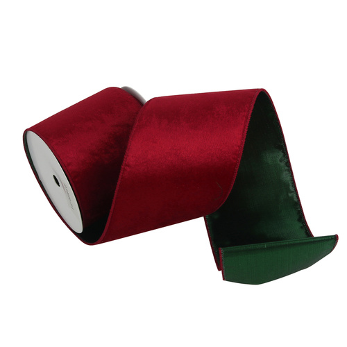 Red Velvet Wired Ribbon w. Green Underlay 10m