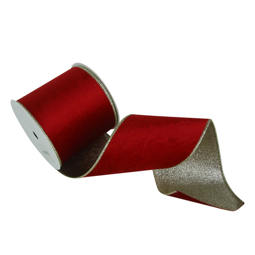 Red Velvet Wired Ribbon w. Champagne Underlay 10m