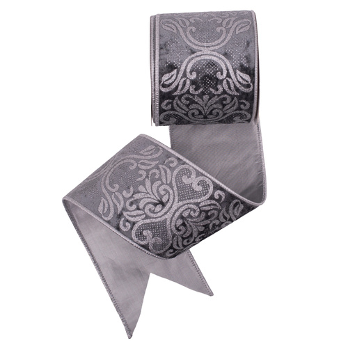 Wire Edge Grey Velvet Ribbon w. Silver Detailing 10m
