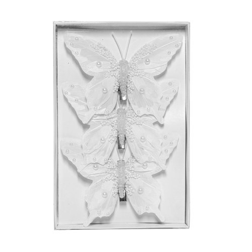 White Butterflies w. Pearls Pack of 3