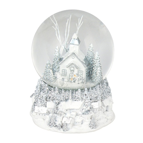 Silver Musical Snowglobe w. Church 14cm