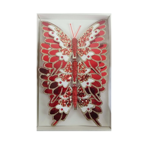Feather Butterfly Pack of 3 Red & Champagne 12cm