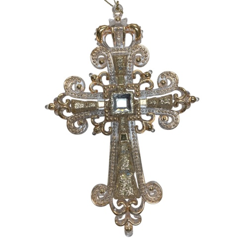 Acrylic Hanging Cross Square Diamonte Champagne 16cm