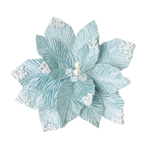 Sky Blue Poinsettia w. Pearls 27cm