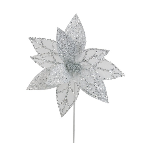 White Poinsettia w. Silver Details 32cm