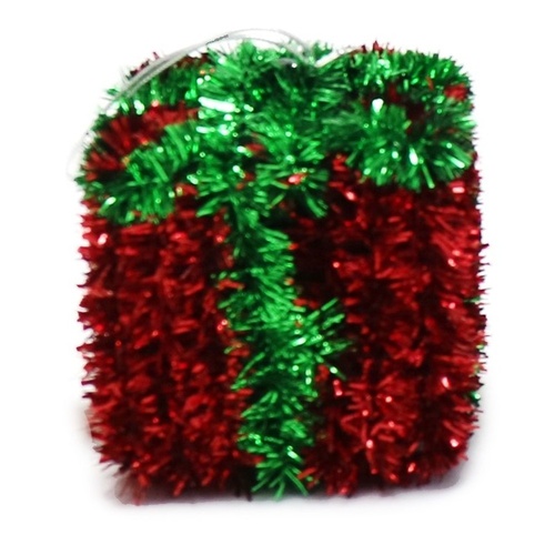 Red & Green Tinsel Hanging Present 6cm
