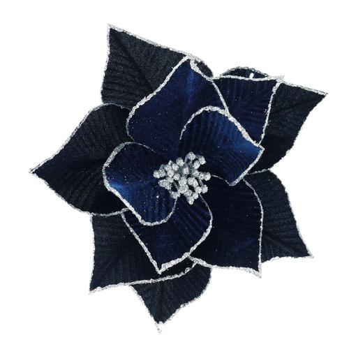 Navy Luxe Velvet Poinsettia Clip 28cm
