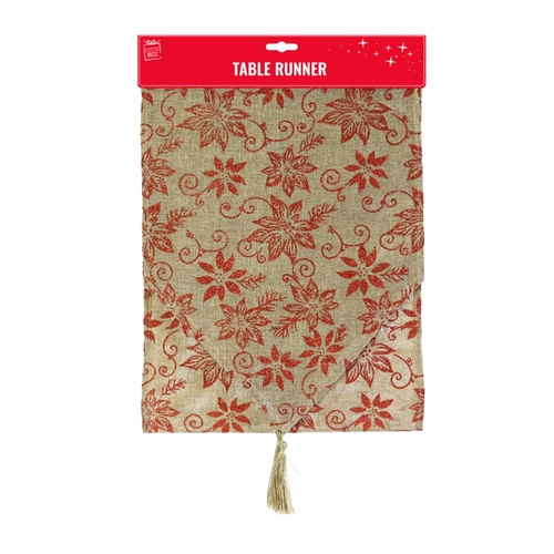 Poinsettia Table Runner w. Gold Tassel 180cm