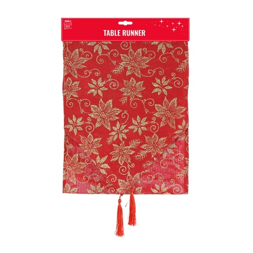 Poinsettia Table Runner w. Red Tassel 180cm