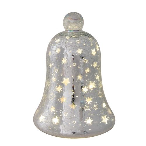 LED Crackle Glass Silver Bell 22cm