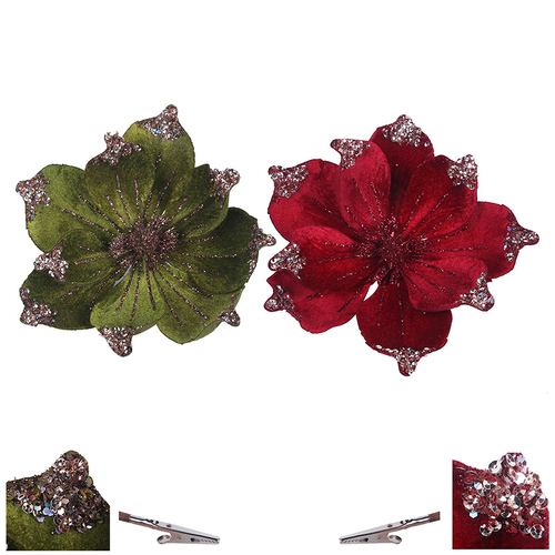 Magnolia Velour Flower Clip Red OR Sage 22cm 1pc 2 Assorted